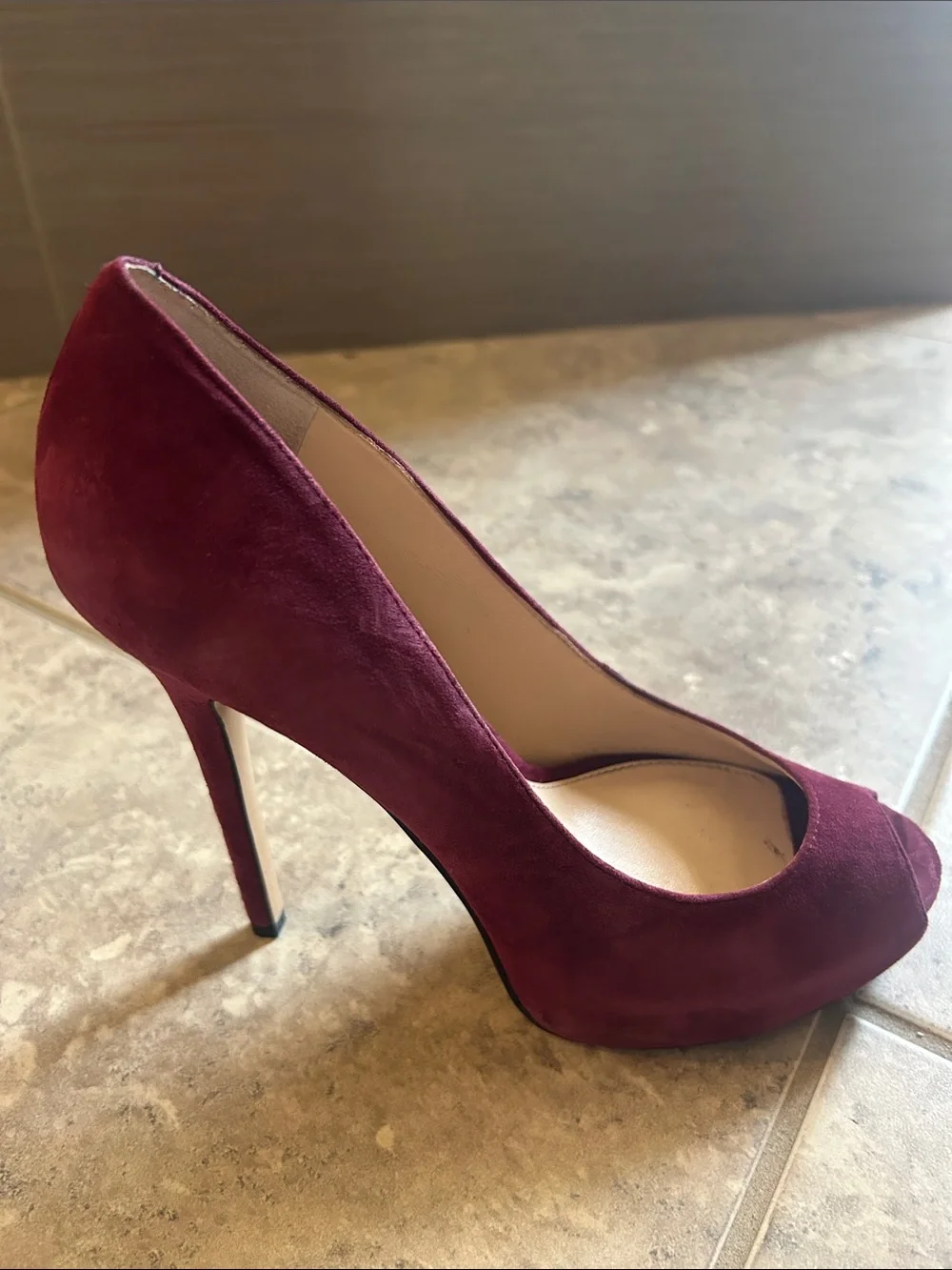 Vince Camuto Burgundy Suede Peep-Toe Pumps